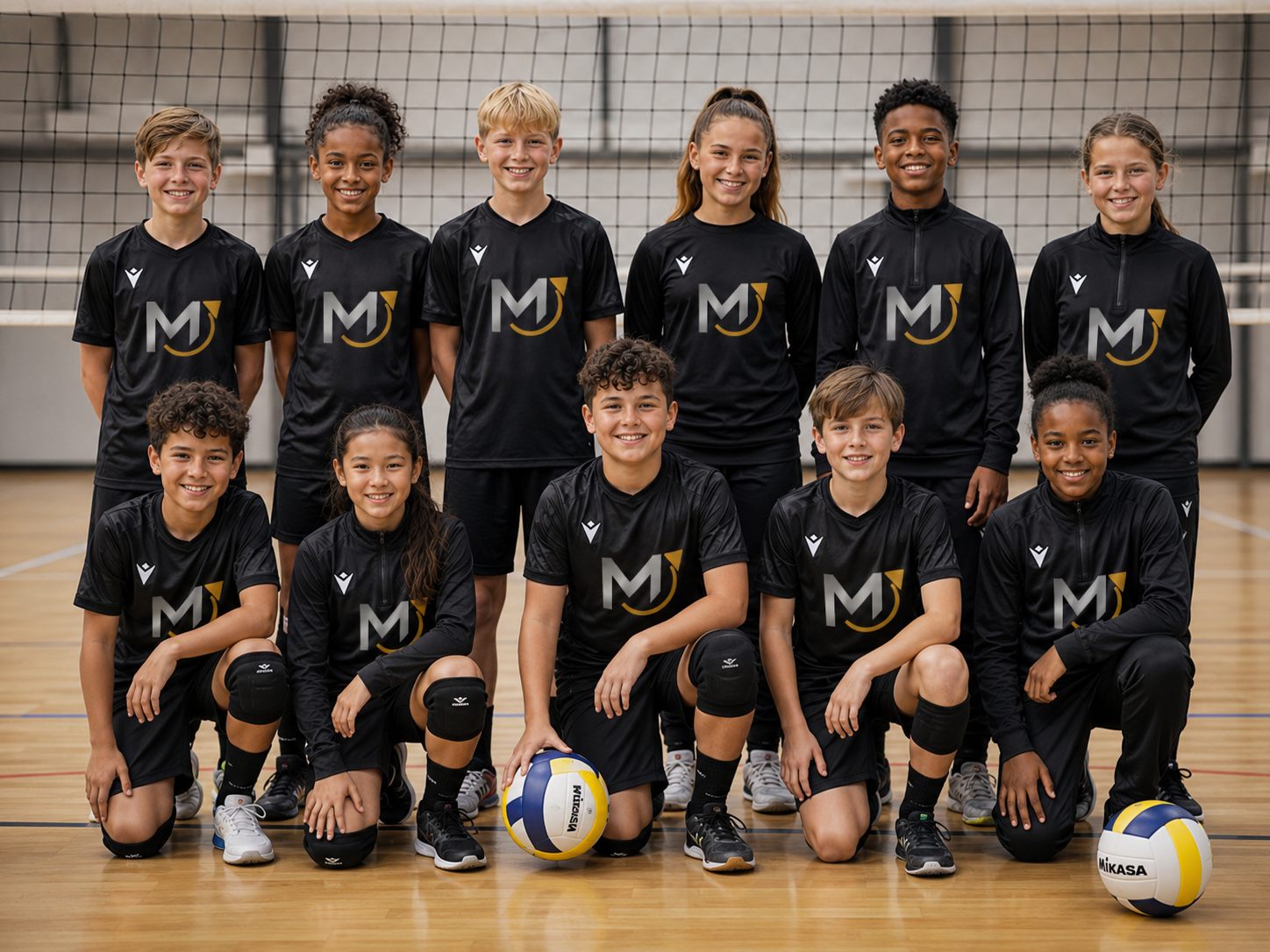 Volleyball-Team in schwarzer Teamwear mit Vereinslogo in der Sporthalle am Netz
