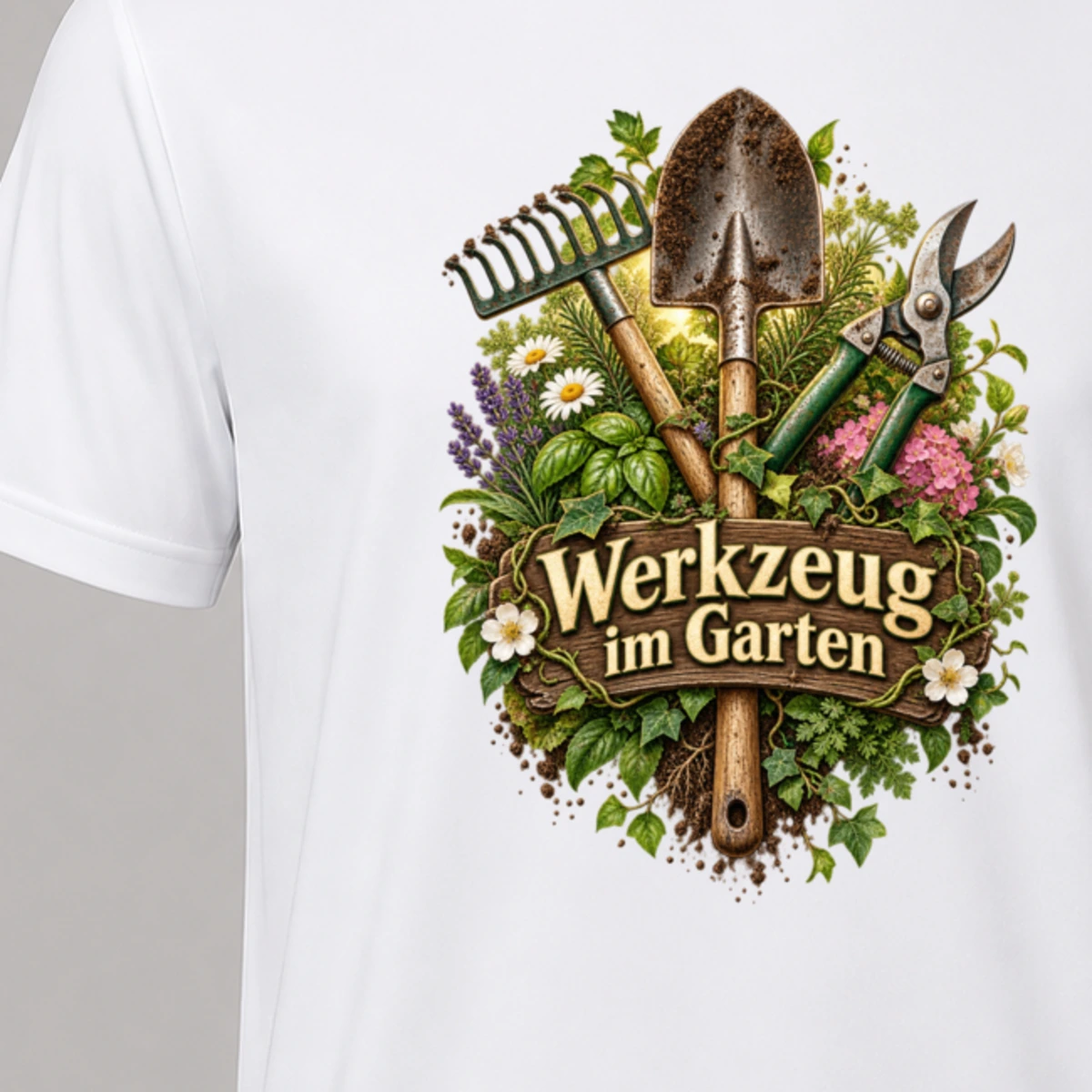 Werkzeug im Garten T-Shirt Sublimation | Marketing-MV