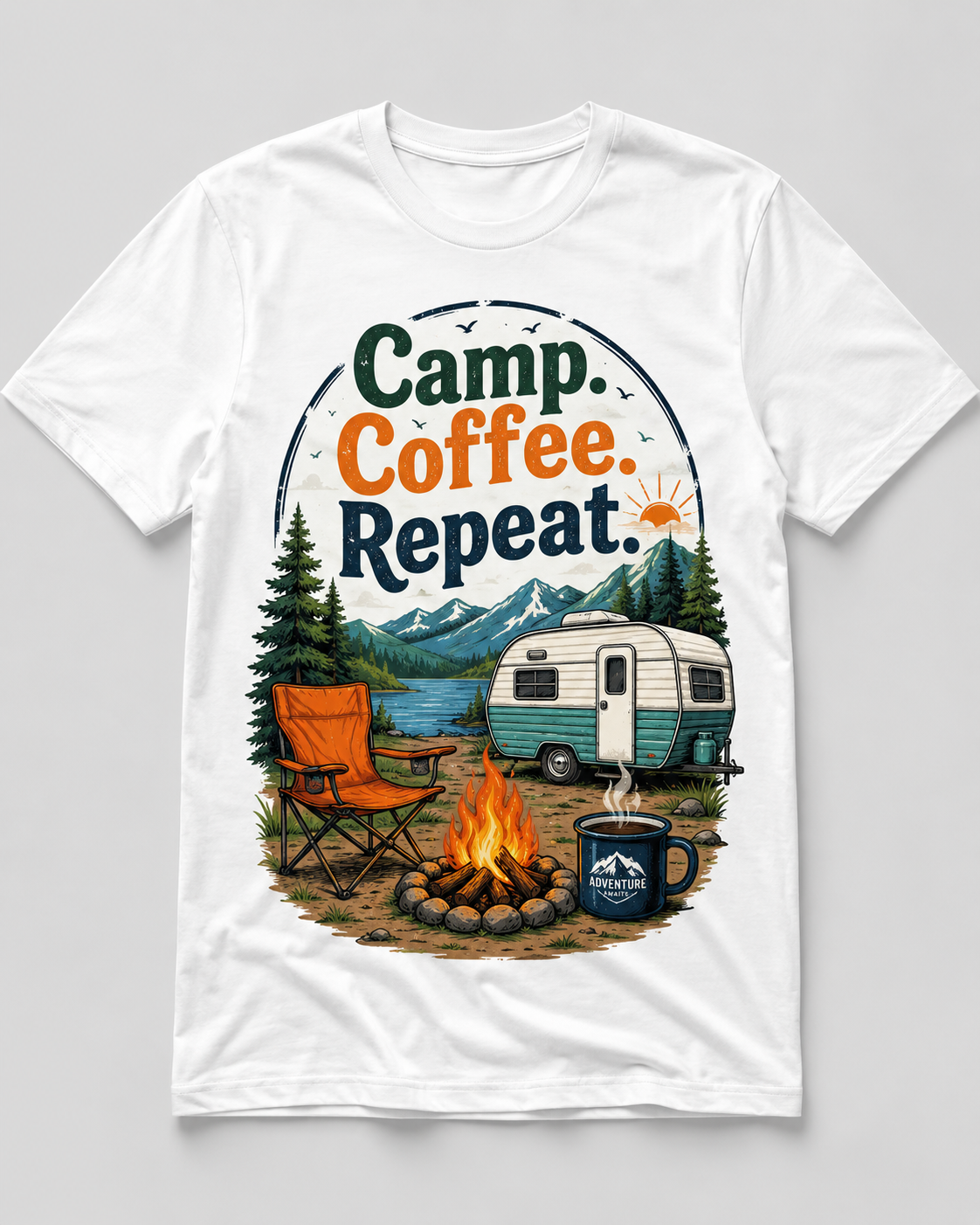 Camp Coffee Repeat – Camper T-Shirt