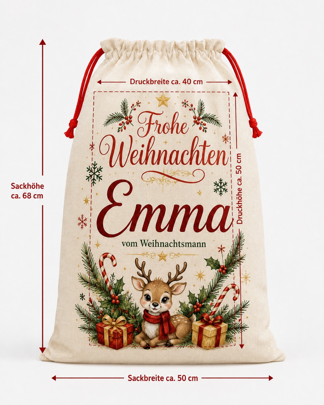 Maßübersicht für den personalisierten Weihnachtssack: Sack ca. H 68 × B 50 cm, Druckfläche je nach Motiv ca. H 50 × B 40 cm