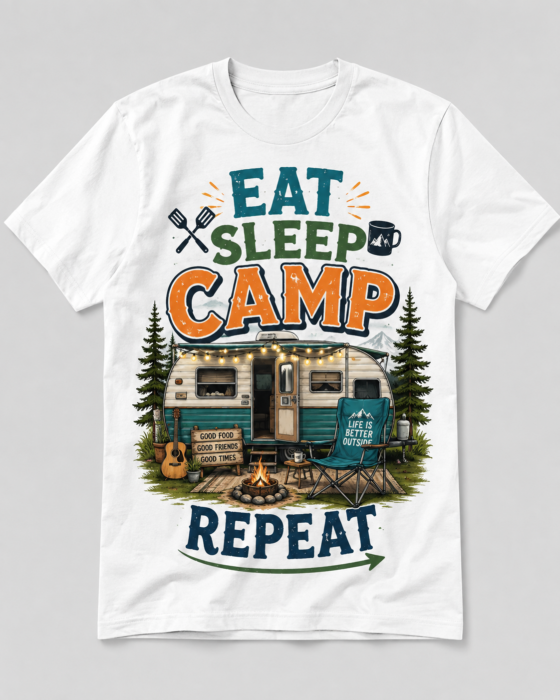 Eat Sleep Camp Repeat – Camper T-Shirt