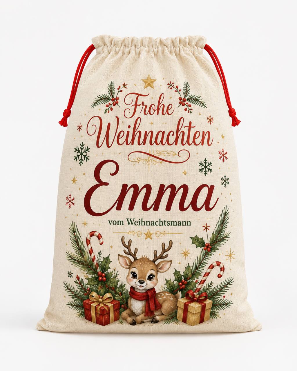 Personalisierter Weihnachtssack im Leinenlook mit dem Namen Emma in einem Motiv aus Reh, Tannenzweigen und Geschenken