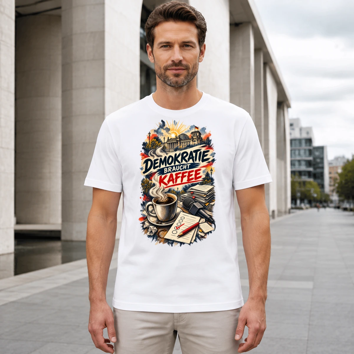 Demokratie braucht Kaffee T-Shirt Sublimation | Marketing-MV