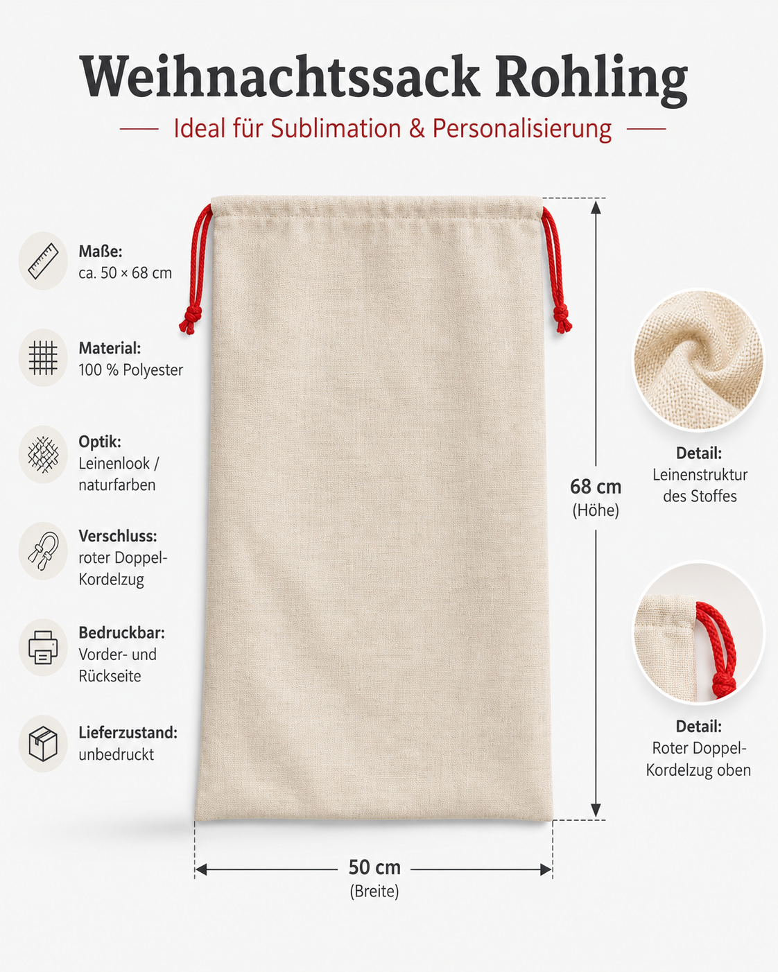 Weihnachtssack mit Maßangaben und Materialdetails